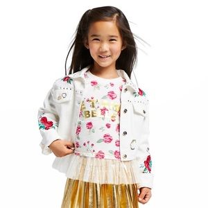 GIRLS DISNEY BELLE WHITE DENIM JACKET - ROSE T - GOLD SKIRT SIZE 7/8